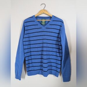 Springfield Lambswool V Neck Sweater Mens Large Blue Striped Preppy Classic